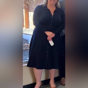 Boden Navy Ribbed Button-Front Midi Dress with Tie Belt